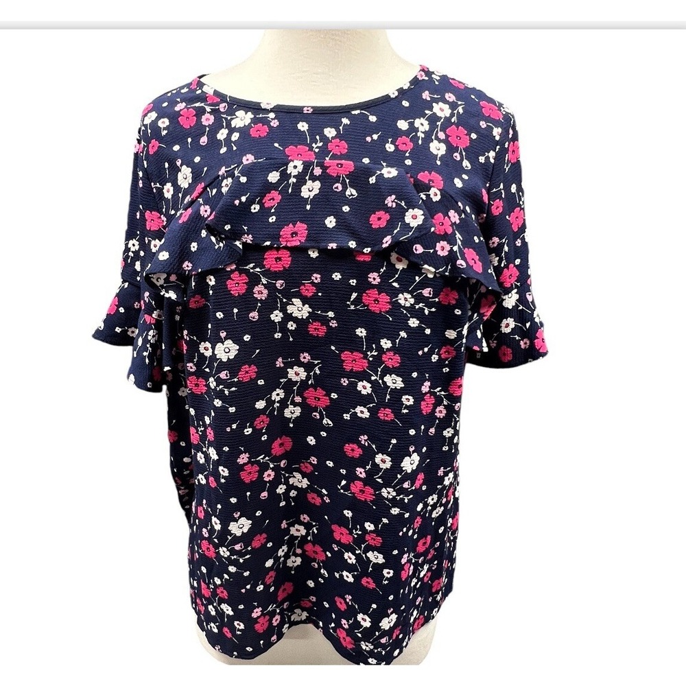 Michael Kors Blouse Women Medium Blue Floral Ruffles Top & Sleeves Keyhole Back
